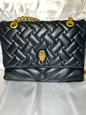 Quilted Black Shoulder Bag with Gold Chain and Emblem